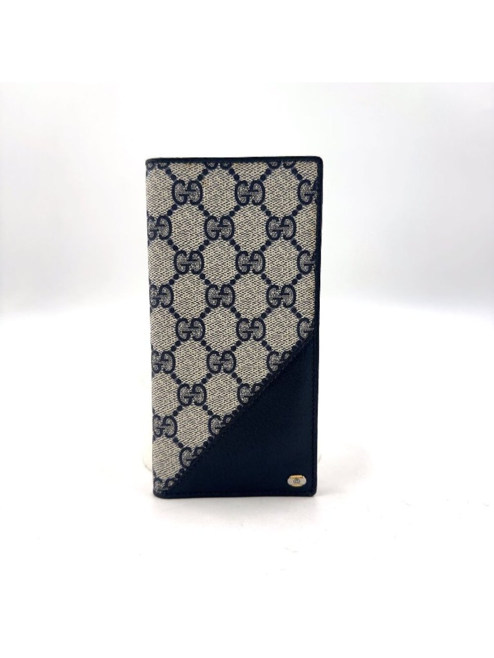 Gucci GG Leather Navy Lightgray Bi Foldlong Wallet Gold